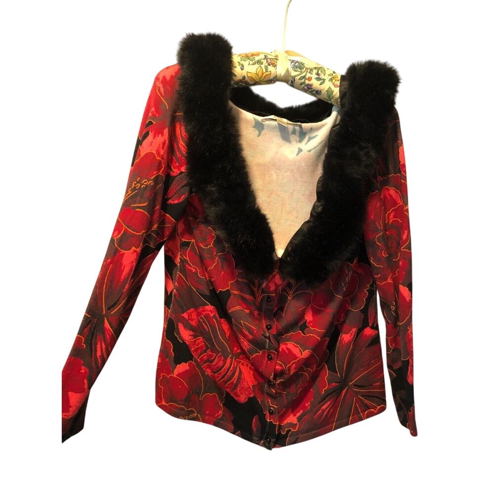 Boston Proper Stretch Knit Removable Black Faux Fur Collar Top Sz L Red Black